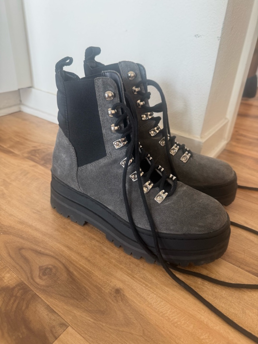 Marc Fisher Gray Suede Lug Sole Lace-Up Boots